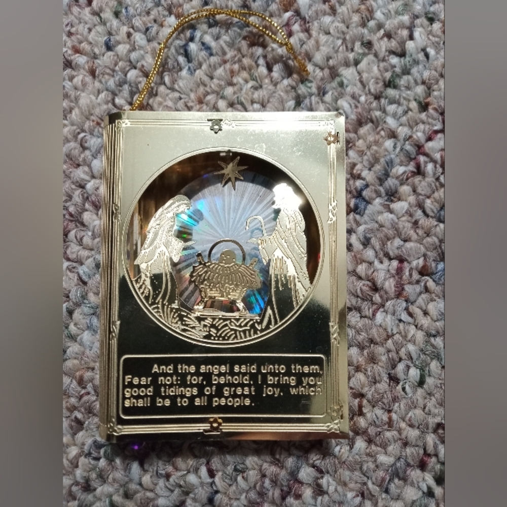 Vintage gold nativity scripture book ornament